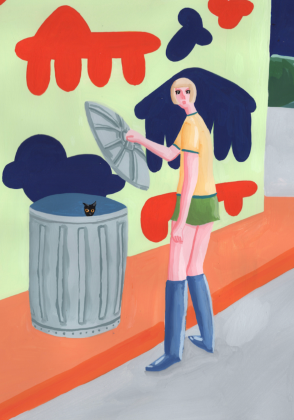 街角で傘を持つ人物と猫を描いたイラストレーション